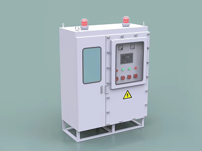 Industrial Control Cabinet With Red Warning Lights Control Panel Display Screen And Warning Sign 3d model