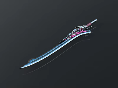 Decorative Long Sword with Pink and Blue Accents Shiny Blade and Intricate Hilt Design 3d model