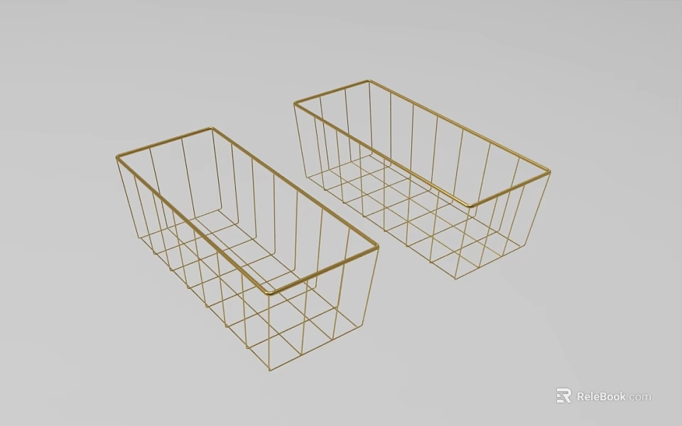 Two Gold Metal Wire Baskets Rectangular Storage Organizers For Home Use 3d model 