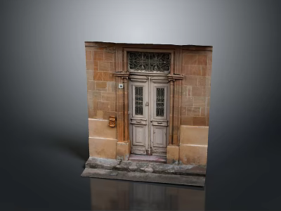 Traditional Double Wooden Entrance Door With Carved Details And Stone Wall Frame 3d model