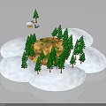 3D Scenic Design With Circular Ground Green Trees Small House People And Cloud Like Edges