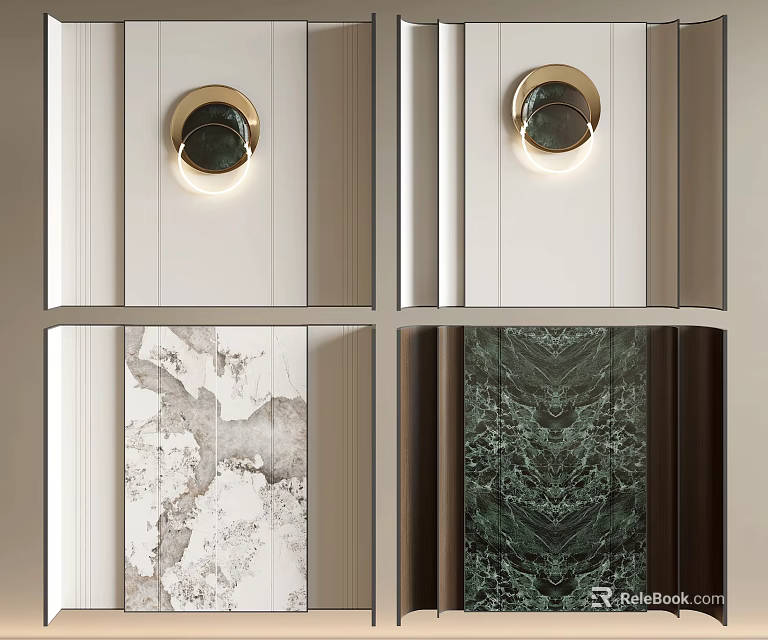 Modern Luxury Background Wall With Marble Texture Striped Design And Brass Lamp 3d model 