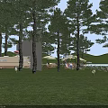 Aerial View Planning of Riverside Outdoor Recreational Space With Trees Grass Umbrellas Tables and Waterfront