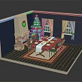 Cartoon Christmas Dining Room Scene With Tree Fireplace And Decorated Table