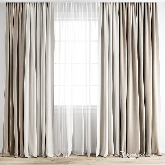 Beige Linen Curtains With White Sheer Panels For Window Decoration 3d model 