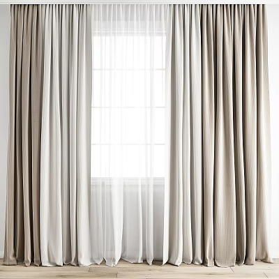 Beige Linen Curtains With White Sheer Panels For Window Decoration 3d model