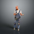 Male Worker In Denim Overalls With Knee Pads Standing And Gesturing On Gray Background