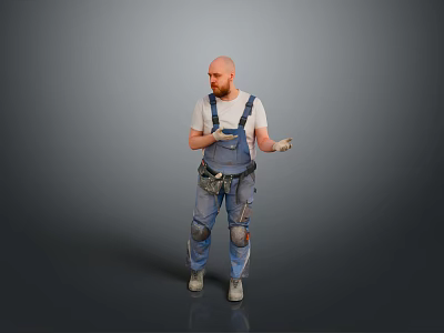 Male Worker In Denim Overalls With Knee Pads Standing And Gesturing On Gray Background 3d model