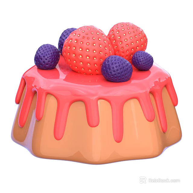 Orange Cake Topped With Fresh Strawberries Blueberries And Pink Dripping Frosting 3d model 