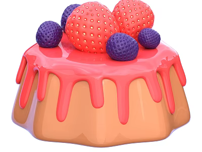 Orange Cake Topped With Fresh Strawberries Blueberries And Pink Dripping Frosting 3d model
