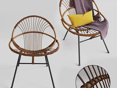 Modern Rattan Single Chair With Black Metal Legs Yellow Cushion And Purple Blanket 3d model