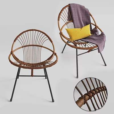 Modern Rattan Single Chair With Black Metal Legs Yellow Cushion And Purple Blanket 3d model