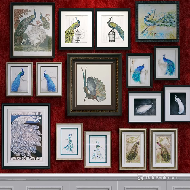 Animal Paintings with Peacocks and Birds in Various Frames on Red Wall 3d model 