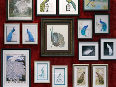 Animal Paintings with Peacocks and Birds in Various Frames on Red Wall 3d model