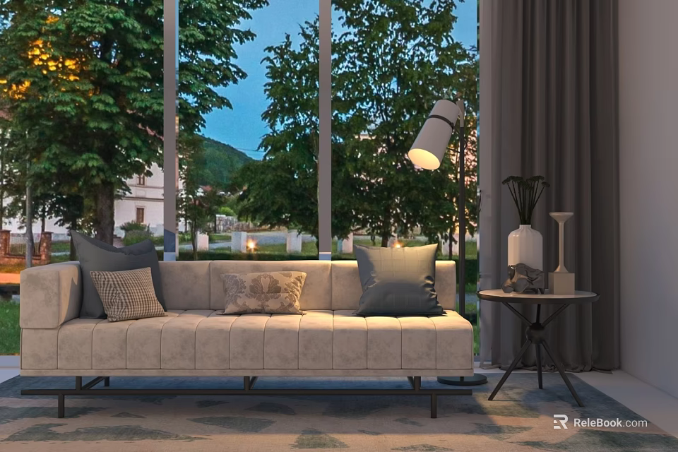 Light Colored Sectional Sofa With Decorative Pillows By Large Windows And Green Trees 3d model