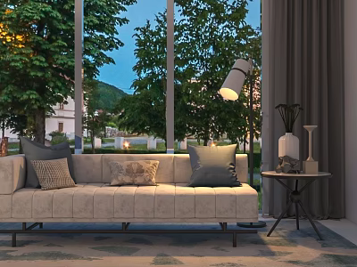 Light Colored Sectional Sofa With Decorative Pillows By Large Windows And Green Trees 3d model