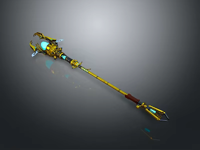 Golden Magical Staff Weapon With Blue Glowing Elements Red Handle And Intricate Details 3d model