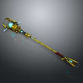 Golden Magical Staff Weapon With Blue Glowing Elements Red Handle And Intricate Details