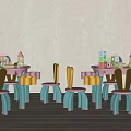 Colorful Children's Table Set with Matching Chairs and Wooden Toy Houses in Playroom