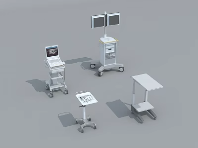 Essential Medical Devices Featuring Wheeled Carts With Screens And Adjustable Tables 3d model