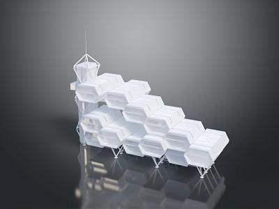 Scenic Modern Architectural Structure with White Hexagonal Stacked Modules Transparent Design and Reflective Base 3d model