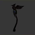 Mystical Winged Staff Weapon with Blue Glowing Elements and Ornate Wooden Structure