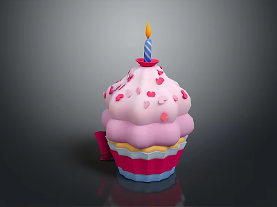 Pink Frosted Cupcake With Red Heart Sprinkles And Lit Candle On Layered Liner 3d model