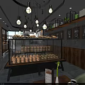 Cozy Bakery Interior With Brick Walls Glass Display Cases Hanging Lights and Fresh Pastries