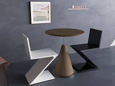 Round Wooden Coffee Table With Conical Base In Modern Interior With White Black Chairs 3d model