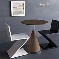 Round Wooden Coffee Table With Conical Base In Modern Interior With White Black Chairs