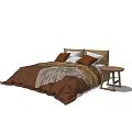 Cozy Double Bed With Brown Comforter Pillows And Small Wooden Stool 3d model