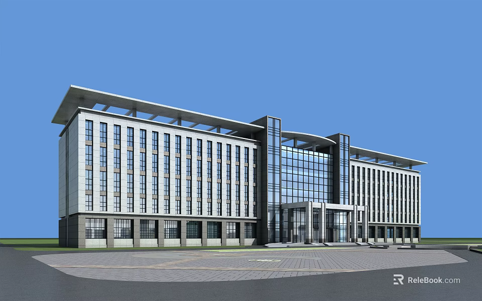 Modern Office Building With Glass Curtain Wall Multi Storey Structure And Spacious Entrance 3d model 
