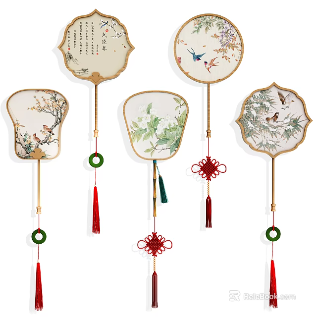 Traditional Chinese Fan Shaped Decorative Pendants with Flower Bird Patterns Tassels and Chinese Knots 3d model 