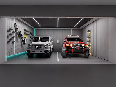 Modern Garage With White Mercedes G Wagon Red Off Road Vehicle And Wall Mounted Tools 3d model