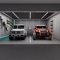 Modern Garage With White Mercedes G Wagon Red Off Road Vehicle And Wall Mounted Tools