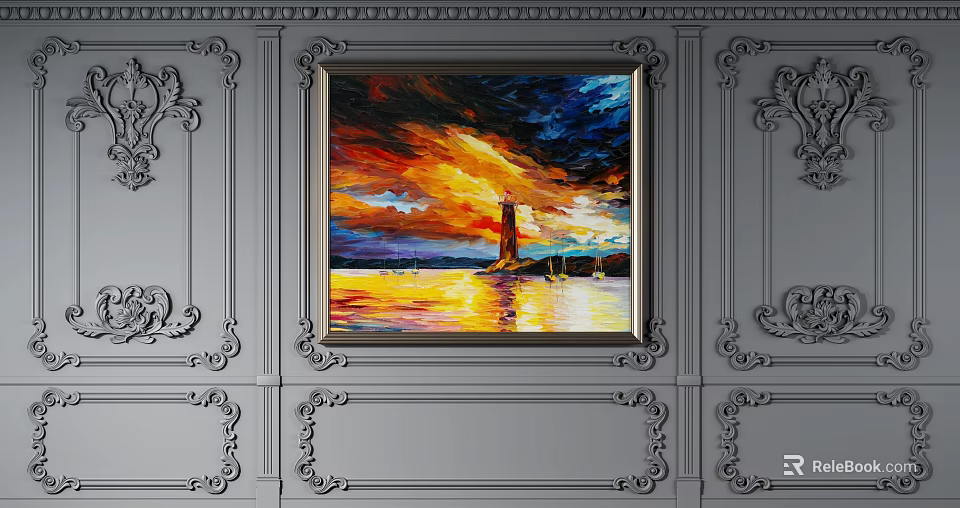 Ornate Gray Background Wall With Carved Patterns Featuring Colorful Sunset Lighthouse Painting In Elegant Frame 3d model 