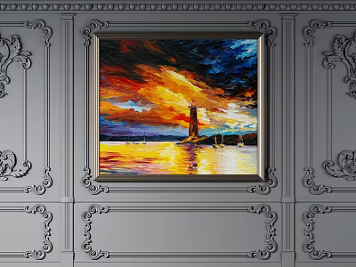 Ornate Gray Background Wall With Carved Patterns Featuring Colorful Sunset Lighthouse Painting In Elegant Frame 3d model