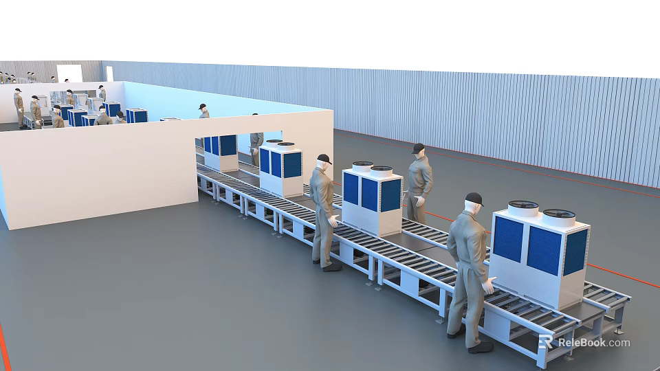 Workers Operating Industrial Equipment On Assembly Line With Conveyor Belt In Factory 3d model 
