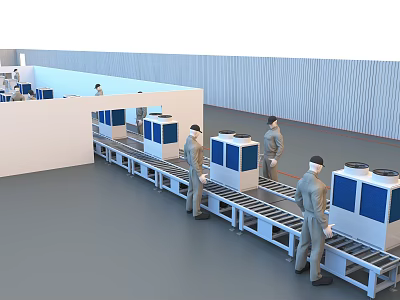 Workers Operating Industrial Equipment On Assembly Line With Conveyor Belt In Factory 3d model