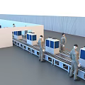 Workers Operating Industrial Equipment On Assembly Line With Conveyor Belt In Factory