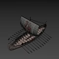 Ancient Viking Ship With Dragon Head Sail Red Pattern Shields And Oars