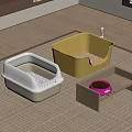 Modern Pet Toilet Litter Boxes In White Gray Yellow With Wooden Tray And Pink Scoop