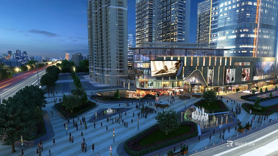 Vibrant Illuminated Commercial Complex with Surrounding Tall Buildings Spacious Plaza Crowded People and Decorative Fountain 3d model 