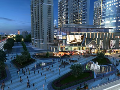 Vibrant Illuminated Commercial Complex with Surrounding Tall Buildings Spacious Plaza Crowded People and Decorative Fountain 3d model