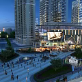 Vibrant Illuminated Commercial Complex with Surrounding Tall Buildings Spacious Plaza Crowded People and Decorative Fountain