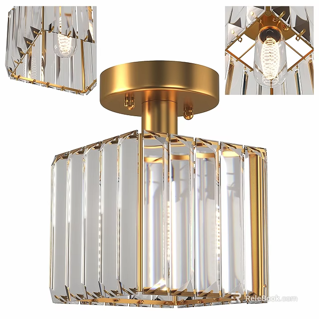Elegant Modern Crystal Ceiling Light With Golden Frame And Transparent Design 3d model 