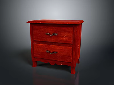 Red Wooden Nightstand with Two Drawers and Metal Handles on Scalloped Legs 3d model