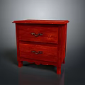 Red Wooden Nightstand with Two Drawers and Metal Handles on Scalloped Legs