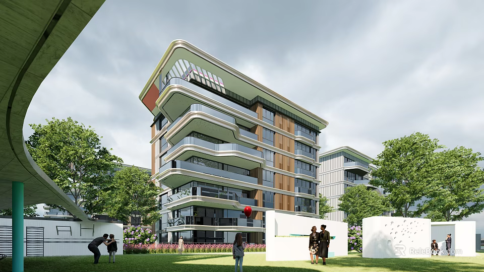 Modern Multi Story Residential Building With Balconies Green Trees And People Around 3d model 