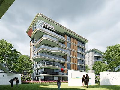 Modern Multi Story Residential Building With Balconies Green Trees And People Around 3d model